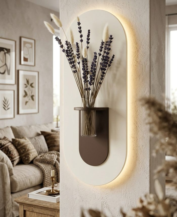 GARDENYA AHŞAP PİLLİ LEDLİ İSKANDİNAV TARZI SALON DUVAR RAFI MODERN ÇİÇEKLİK 27 X 65 CM